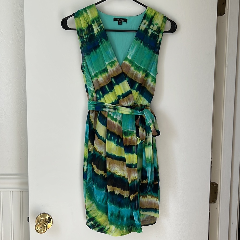 XOXO | Green Multi-Colored Tie Dye Wrap Dress